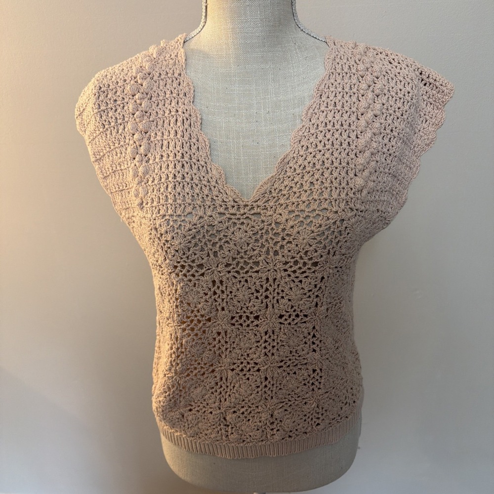 Vtg Light Pink Crochet Sweater Top With V Neck Design Large By Nicole Curie